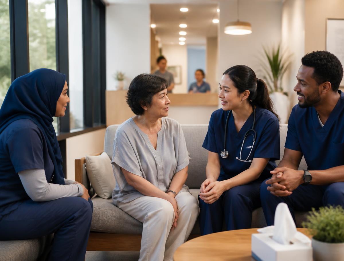 Care team members talking with a patient in a bright community clinic waiting area